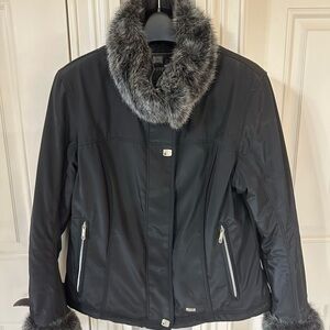 Black Ski Jacket with Plush Fur Collar and Water Resistant Fabric